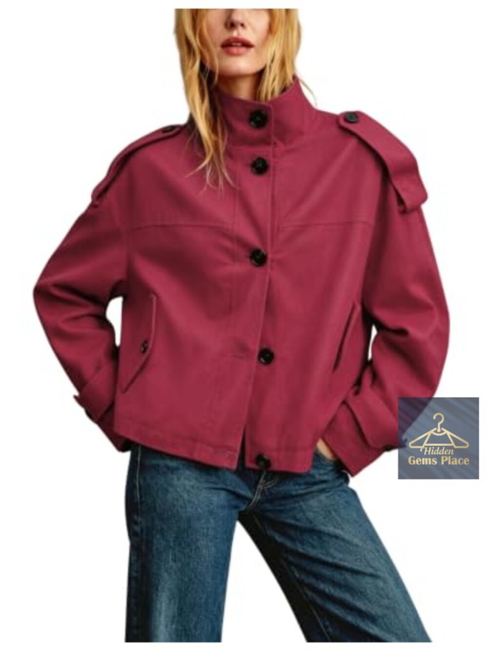 Women's Cotton Cropped Trench Coat Oversized Button Down Jacket